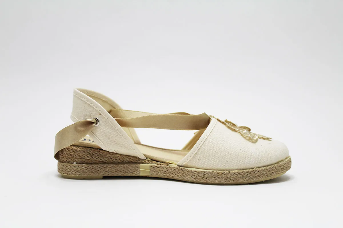 Golden floral embroidered ribbon espadrille for girls.
