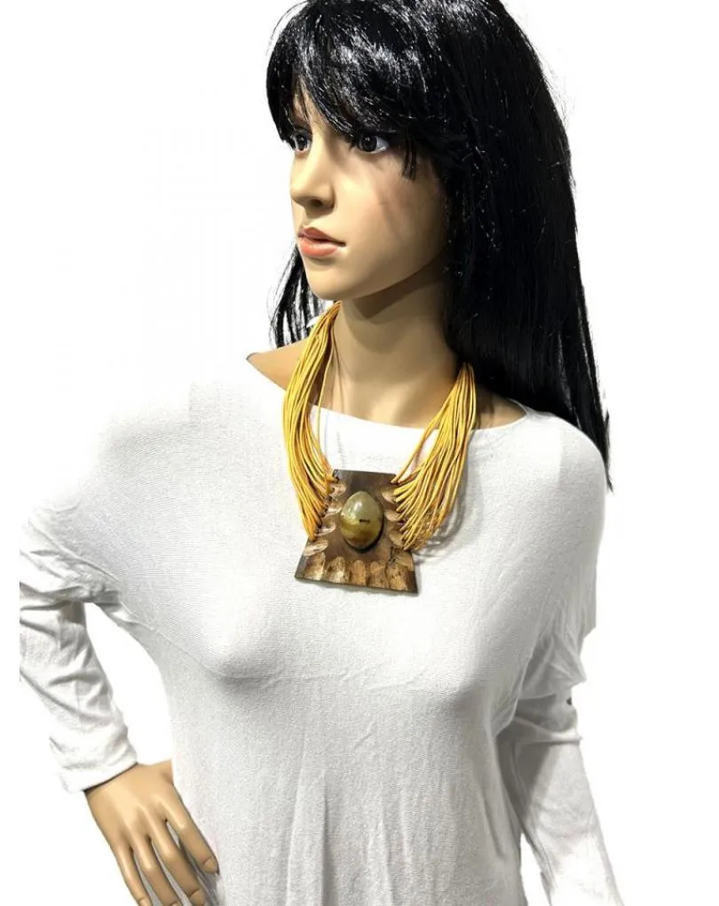 Yellow and orange women's necklace with wooden pendant.