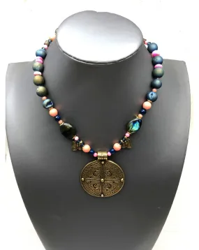 Women's Necklaces with Natural Stones and Antique Bronze Medallion
