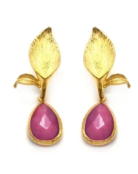 Long Gold-Plated Tear Drop Earrings with Cat's Eye Stone