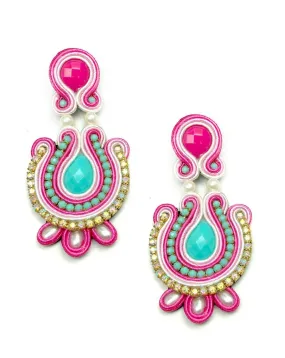 Flamenco Costume Jewelry Long Earrings in Pink and Turquoise with Gemstones