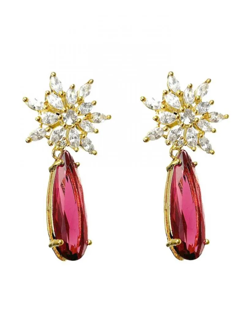 Pink Ruby Long Earrings with Rhinestone Button Special for Bridesmaids​