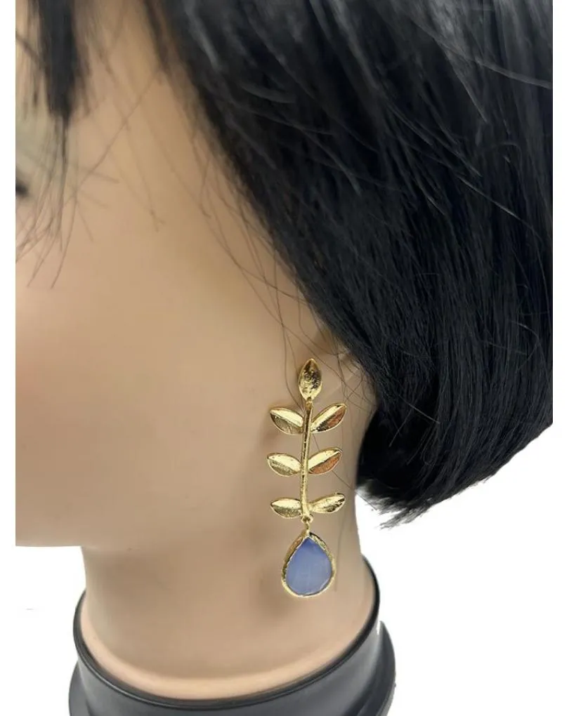 Blue Women's Earrings with Delicate Golden Leaf