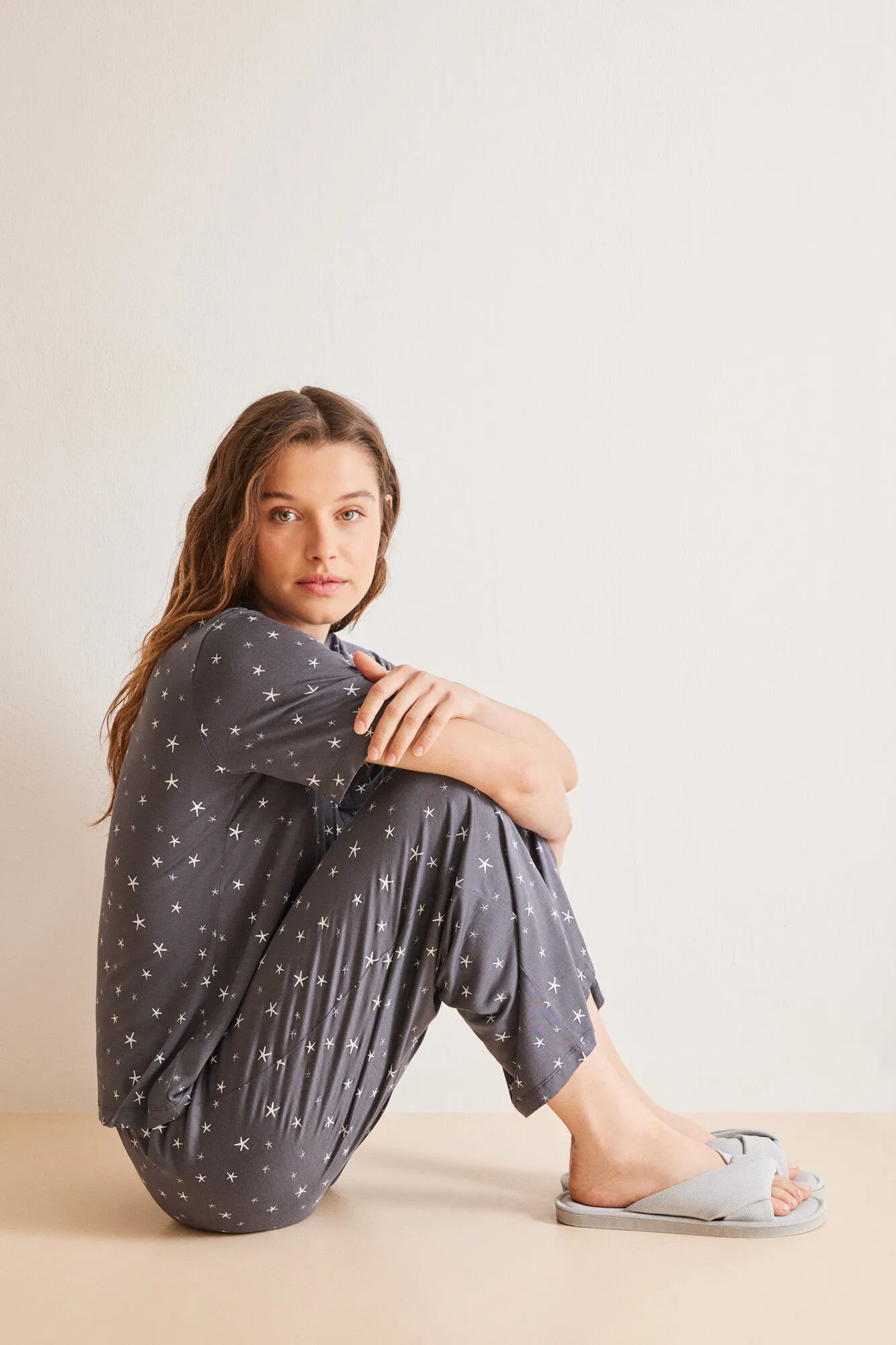 Gray Capri button-up pajama.