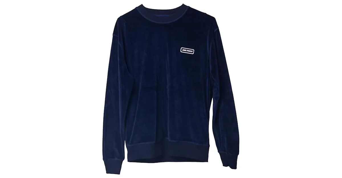 Sudadera de manga larga con parche Ami Paris en terciopelo azul marino 