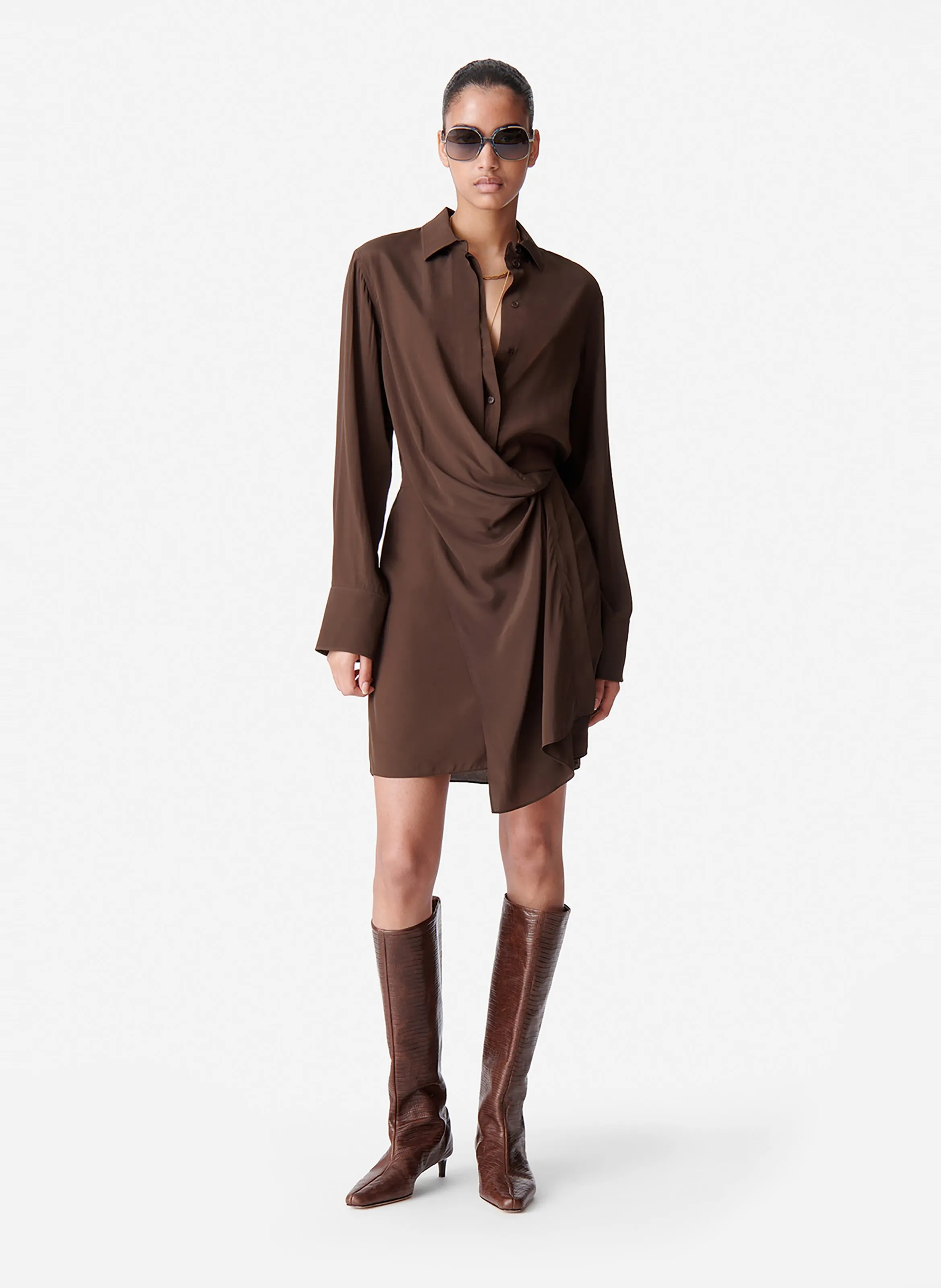 VANESSA BRUNO DEMI - Vestido camisero corto drapeado en marron