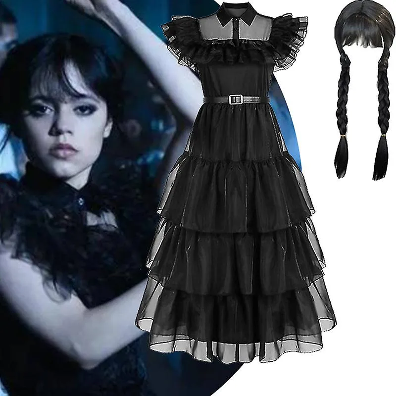 Women Wednesday Addams Movie Cosplay Costume Retro Gothic Maxi Dress Wig Roleplay Outfit for Halloween Carnival Fi